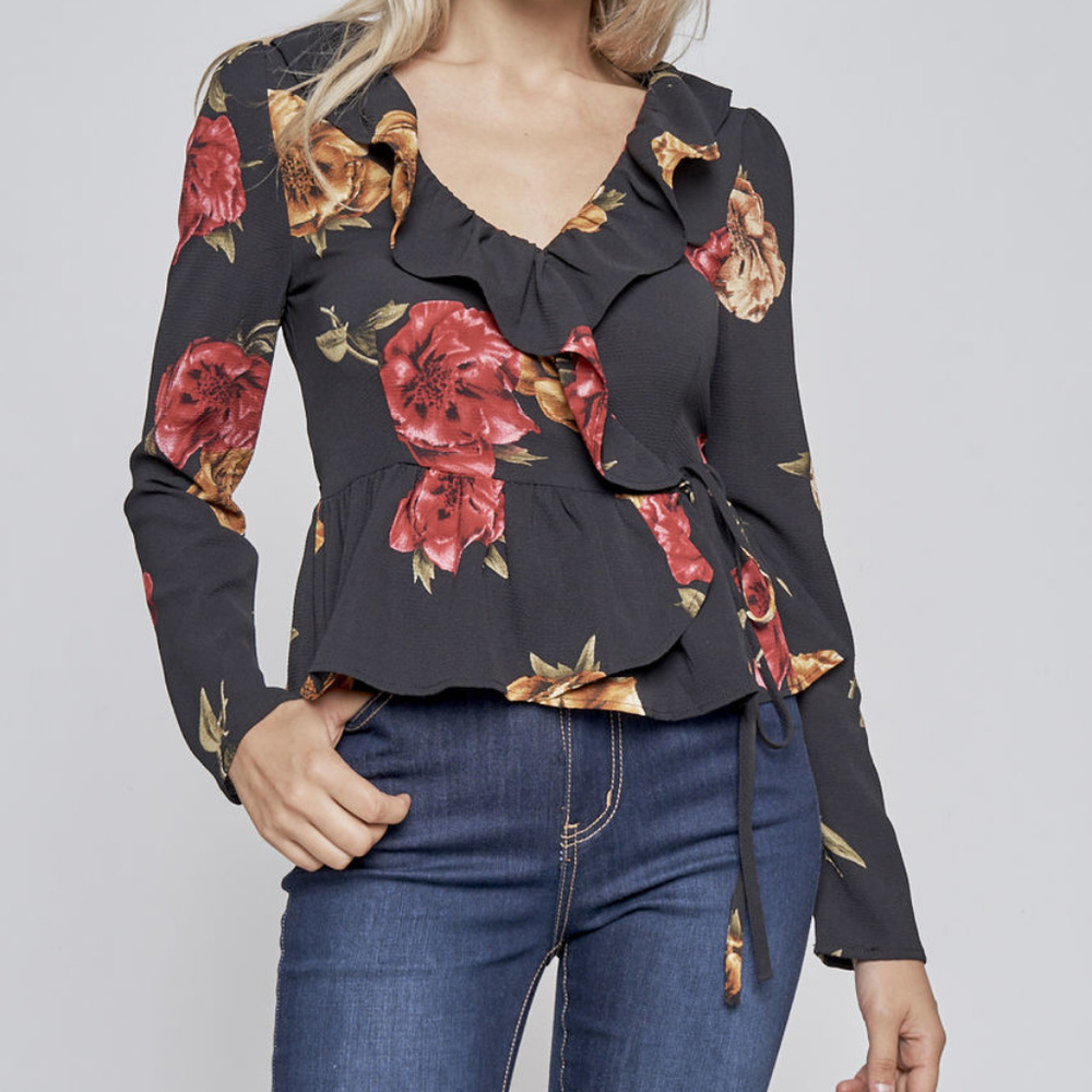 LONG SLEEVE DEEP V-NECK WRAP TOP @LAST TWO